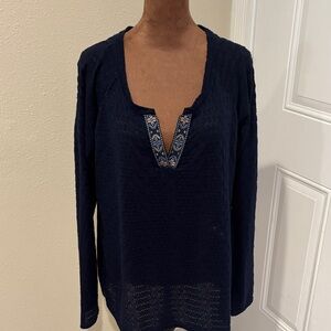Roper Navy Blue Women's Blouse with Embroidered Detail
